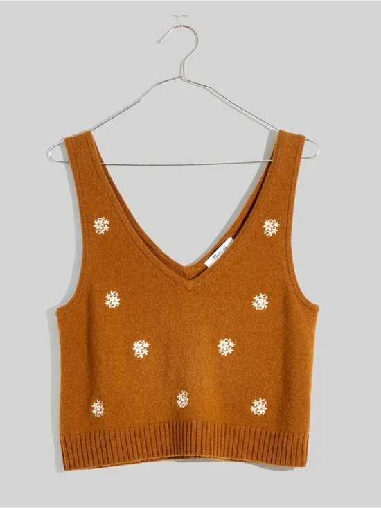 Madewell Tops - Madewell Rust Brown V-Neck Cropped Knit Tank with White Daisy Embroidery